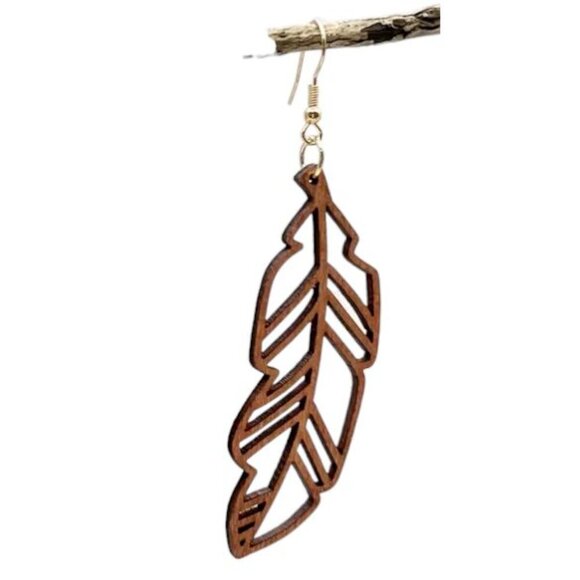 WOOD LEAF Cut out Drop Earring Tribal Unique Artistic LIGHTWEIGHT Dangle Jewelry - Picture 2 of 4